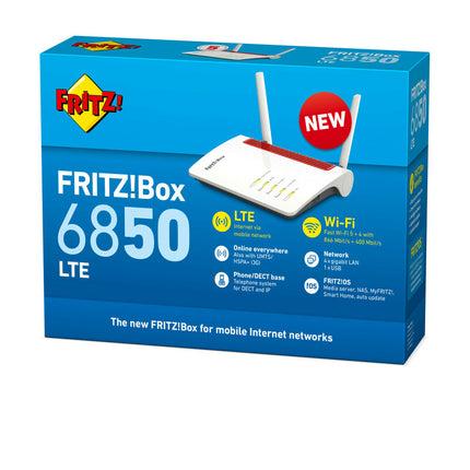 AVM FRITZ! ROUTER FRITZ!BOX 6850 LTE INTERNATIONAL 4 PORTE LAN GIGABIT RJ-45,1XUSB 3.0, 1 PORTA TE LEFONICA ANALOGICA, 1 SLOT SIM