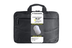 TUCANO BORSA + MOUSE WIRELESS (BORSA SLIM PER NOTEBOOK DA 15,6&#34;, TRACOLLA COLORE NERO + MOUSE WIRELESS COLORE BIANCO)