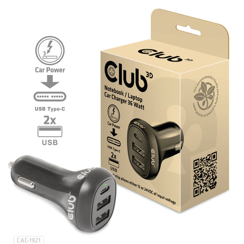 CLUB3D CARICATORE DA AUTO NOTEBOOK / LAPTOP 36 Watt/ 2USB A + 1USB C