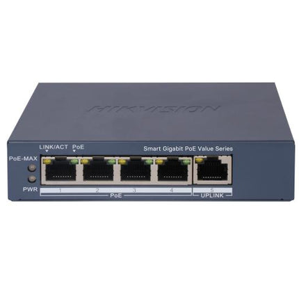 HIKVISION SWITCH L2, SMART MANAGED, 4 GIGABIT RJ45 POE PORTS, 1 GIGABIT RJ45 PORT, 802.3AF/AT, POE P