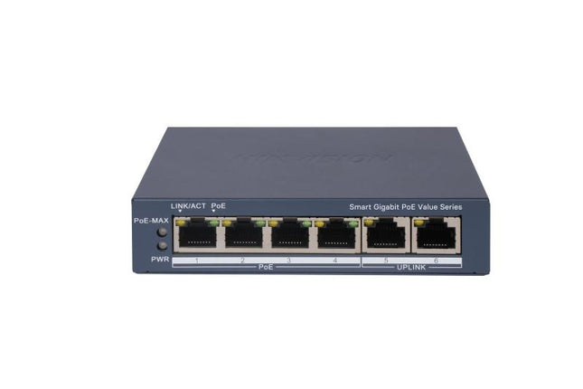 HIKVISION SWITCH L2, SMART MANAGED, 4 GIGABIT RJ45 POE PORTS, 2 GIGABIT RJ45 PORT, 802.3AF/AT, POE P