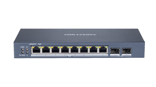 HIKVISION SWITCH L2, SMART MANAGED, 8 GIGABIT RJ45 POE PORTS, 2 GIGABIT RJ45 PORT, 802.3AF/AT, POE P