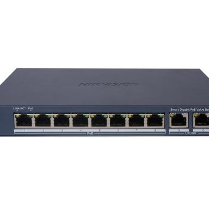 HIKVISION SWITCH L2, SMART MANAGED, 8 GIGABIT RJ45 POE PORTS, 2 GIGABIT RJ45 PORT, 802.3AF/AT, POE P