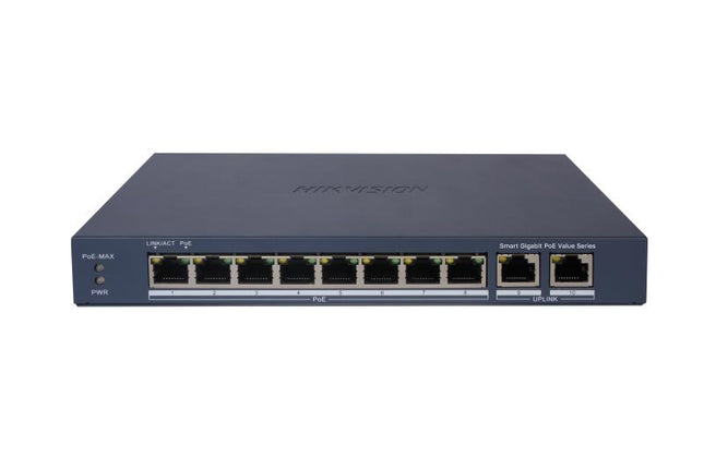 HIKVISION SWITCH L2, SMART MANAGED, 8 GIGABIT RJ45 POE PORTS, 2 GIGABIT RJ45 PORT, 802.3AF/AT, POE P