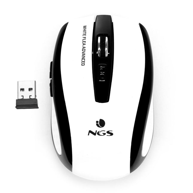 NGS MOUSE wireless RF 2,4 GHz con nano ricevitore USB. Risoluzione 800/1600 DPI. Colore nero/BIANCO